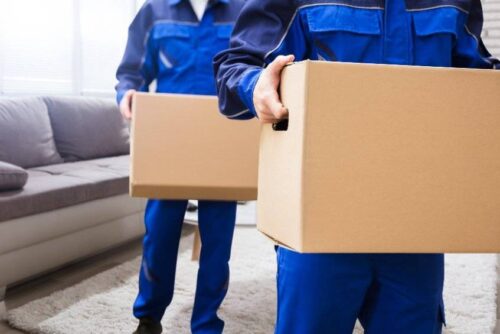 Deux déménageurs en bleu transportent des cartons en cardboard dans un salon.
